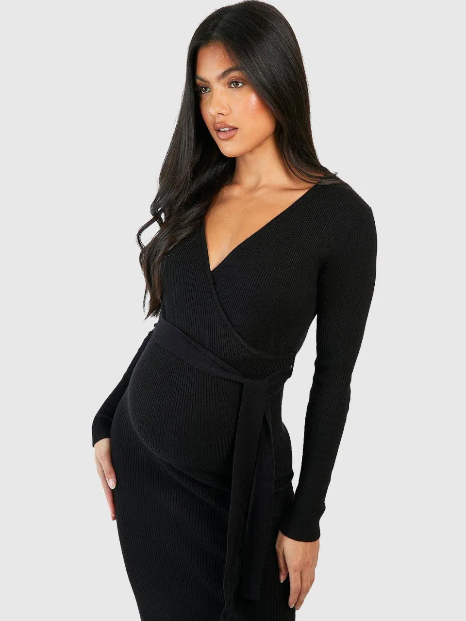 boohoo Dames Maternity Knitted Wrap Midi Dress zwart, foto 2