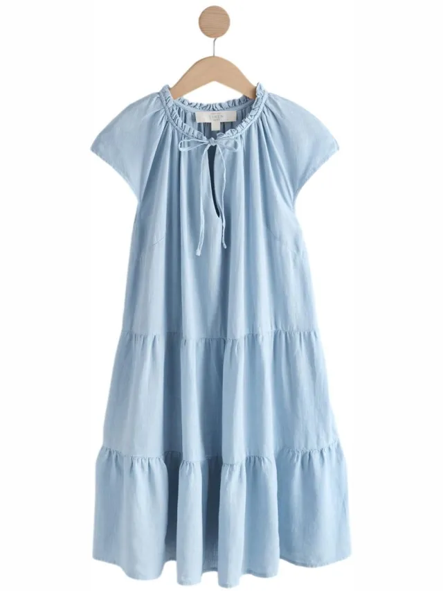 Next Dames - Mini-jurk met V-hals en laagjes en linnen - Blauw Chambray Blue