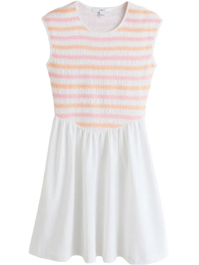 Next Dames - Jersey mini-jurk met kapmouwtjes en aangerimpeld lijfje - Wit White Multi Stitch