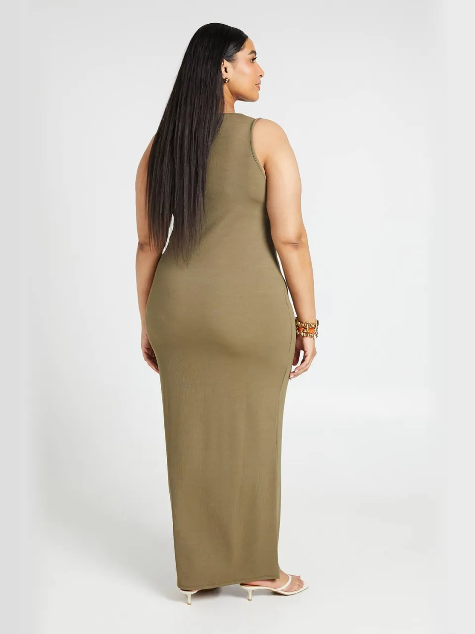 boohoo Dames Plus Size Geribbelde Maxi Jurk Met Ronde Hals kaki, foto 2