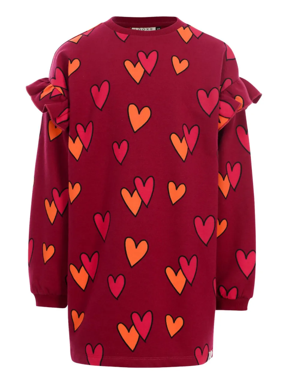 LOOXS little sweatjurk met ruches en hartjes donkerrood, foto 3
