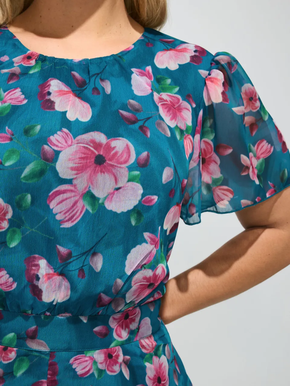 Yours London Tealblauwe Jurk Met Bloemenprint En Ruchezoom blauw, foto 3