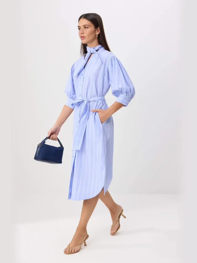 Trendyol TRENDYOLMİLLA Dames Blauw Gestreept Midi Driekwart mouw Blousejurk Jurken