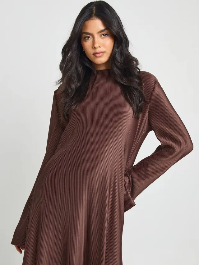 boohoo Dames Plisse Mini-jurk Met Uitlopende Mouwen chocoladebruin, foto 2