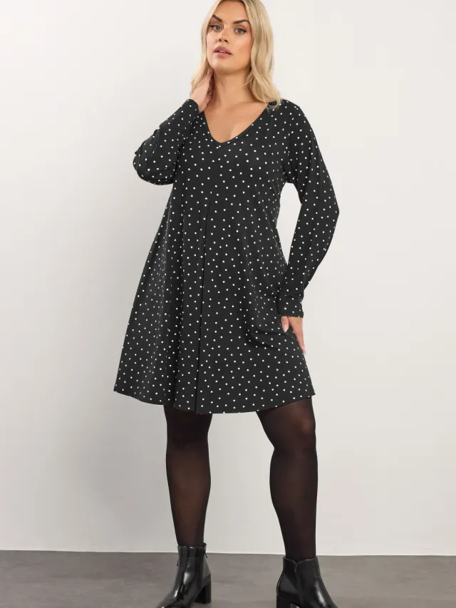 Yours Zwarte Jurk Met Stippen En Plooien Aan De Voorkant Black