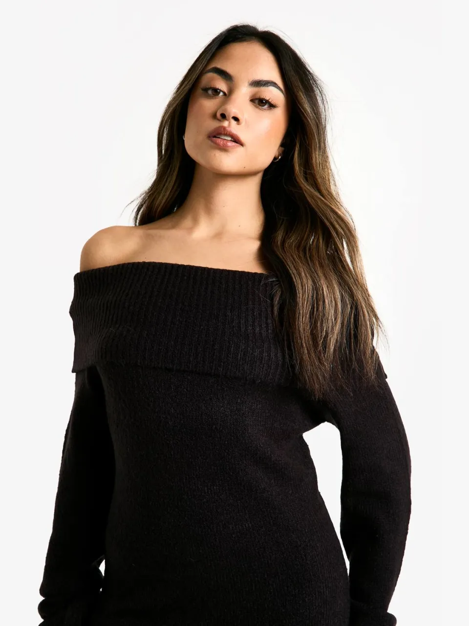 boohoo Dames Ribgebreide Bardot-neklijn Mini Jumperjurk zwart, foto 2