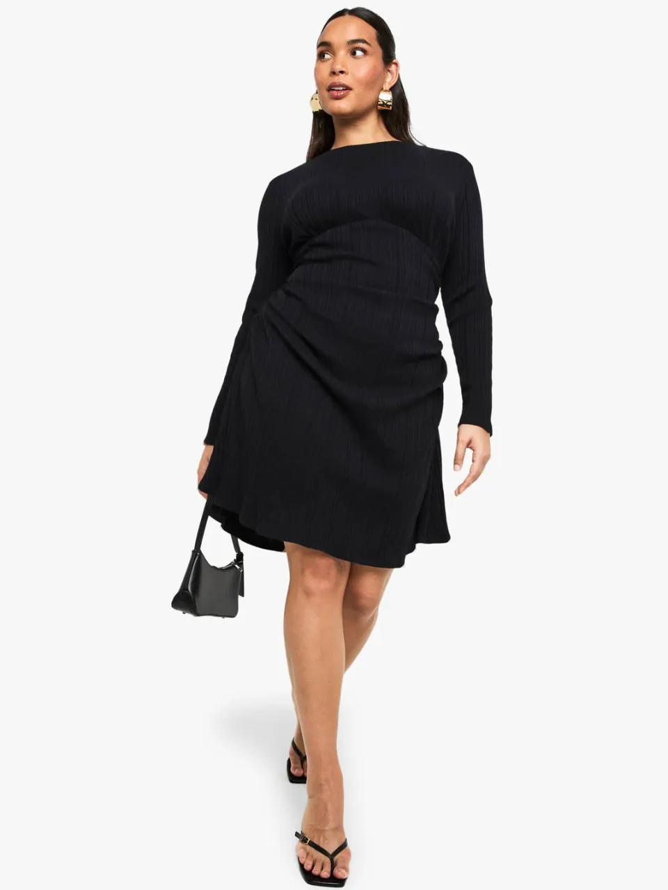 boohoo Dames Plus katoen rib ruched mini-jurk Zwart