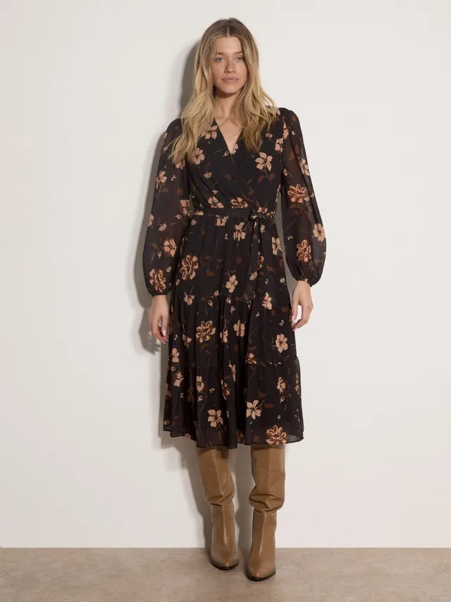 Apricot Midi-jurk van chiffon met bloemenprint en gelaagde rok Zwart
