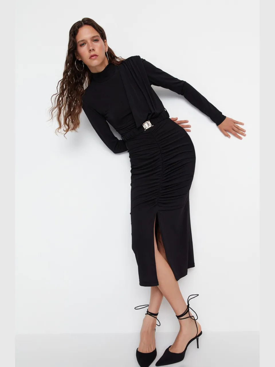 Trendyol TRENDYOLMİLLA Dames Zwart Effen Midi Lang Avond / Dagelijks Bodycon Jurken
