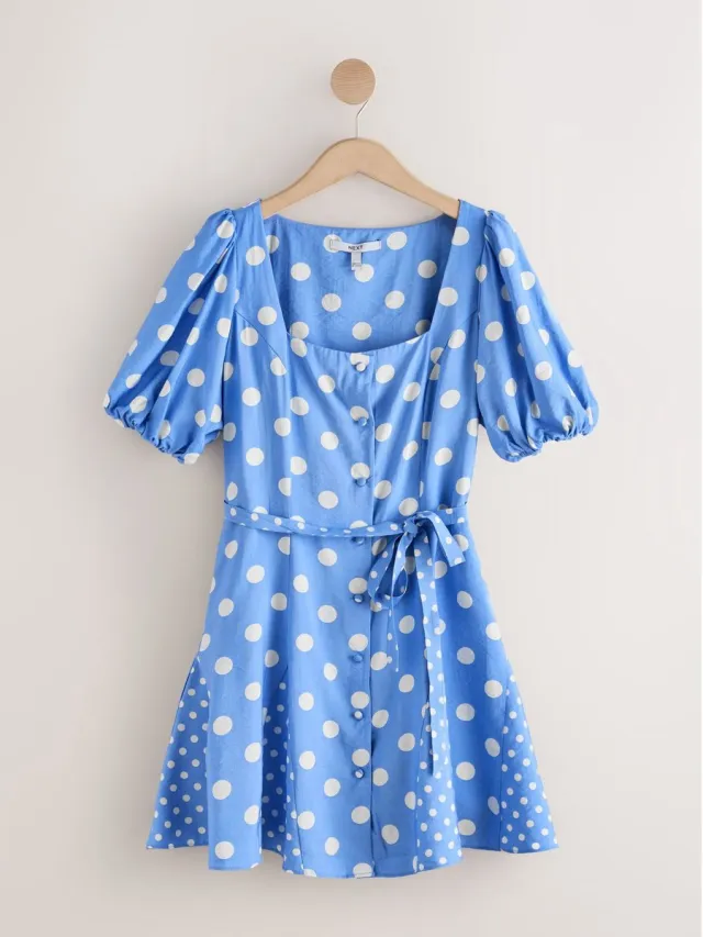 Next Dames - Mini-jurk met knopen en pofmouwen - Tall - Blauw Blue Polka Dot