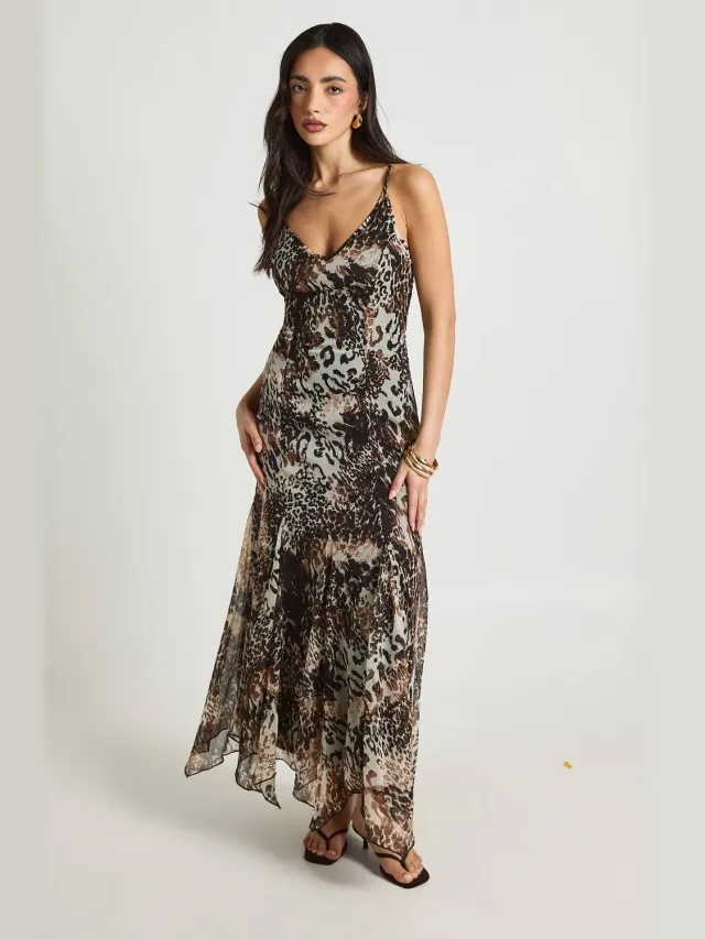 boohoo Dames Maxi Jurk Met Tonale Luipaardprint, Chiffon En Godet Zoom