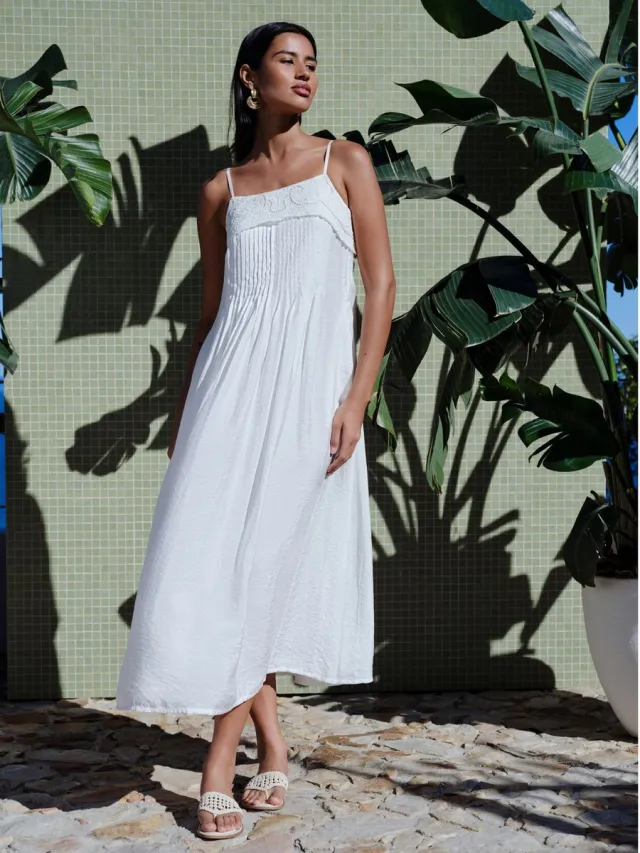 Next Dames - Midi-zomerjurk met plooien en omgeslagen zoom - Tall - Wit White