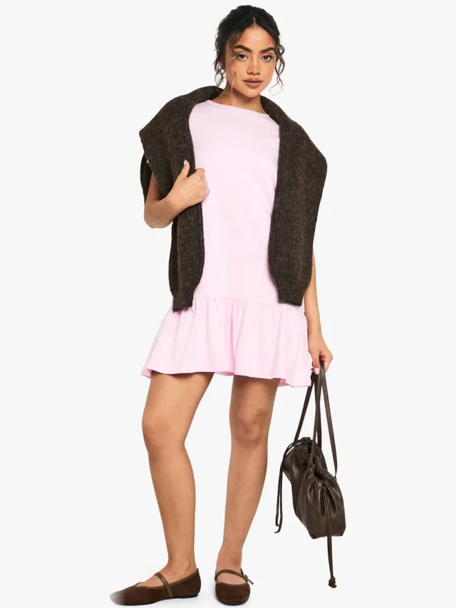 boohoo Dames Katoenen smockjurk met ruches en verlaagde zoom Baby Roze