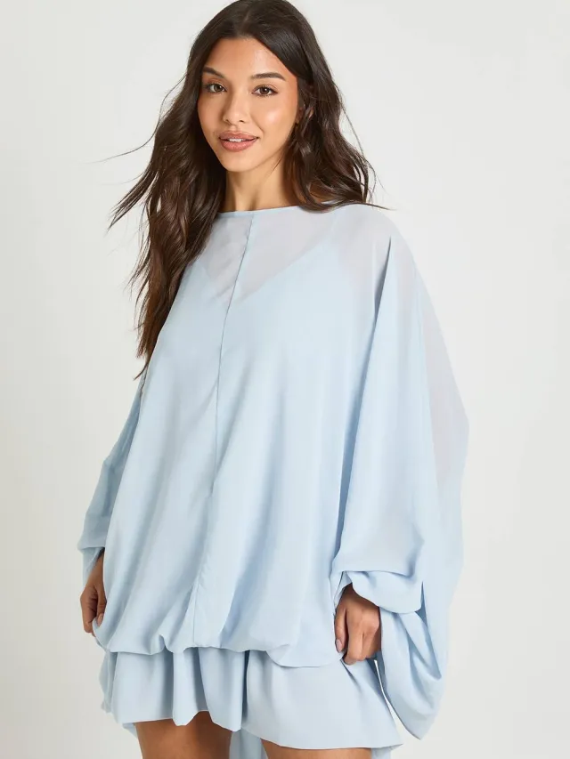 boohoo Dames Chiffon Cami Overlay Blouson Skater Jurk Lichtblauw
