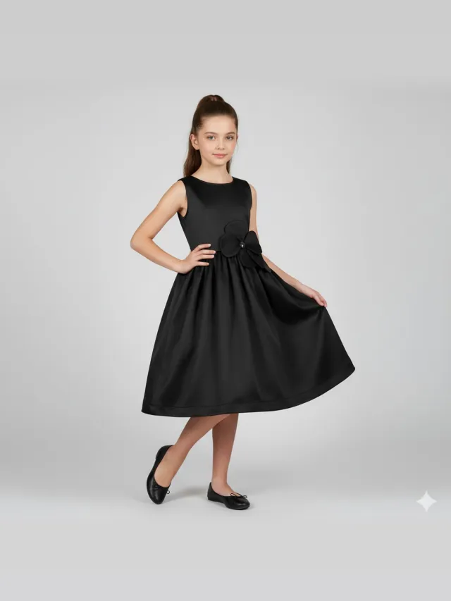 La V Elegante feestelijke jurk met handgemaakte bloemen op de taille Zwart 140