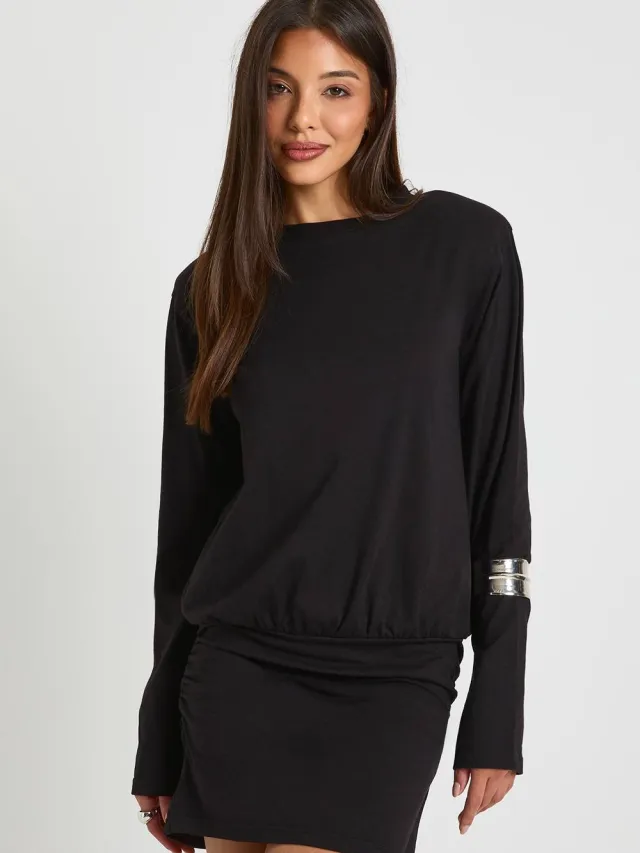 boohoo Dames Geraffelde lange mouw schouderpad T-shirt minijurk Zwart