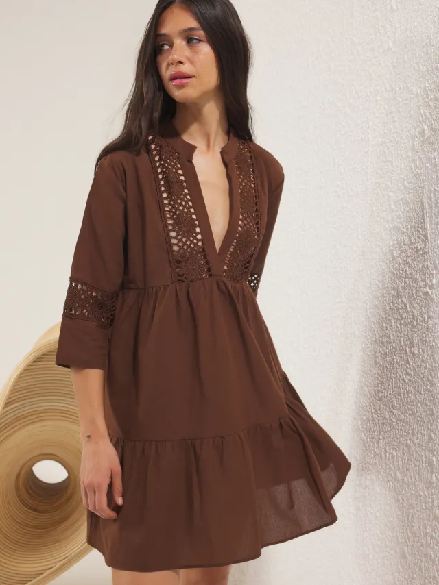 Trendyol TRENDYOLMİLLA Dames Bruin Effen Extra Kort / Super Mini Driekwart mouw Strandkleding A-lijn Strandjurken