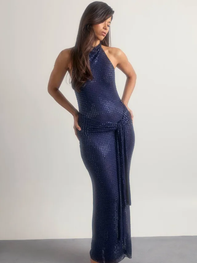 boohoo Dames Premium Hot Fix Transparante Tie Front Maxi Jurk marineblauw, foto 2