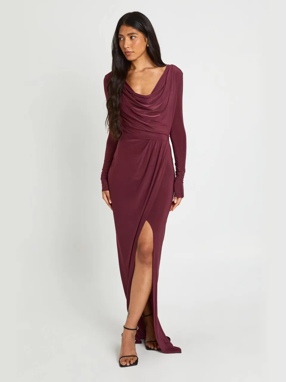 boohoo Dames Tall Slinky Geplooide Wikkel Lange Mouw Maxi Jurk pruim, foto 3