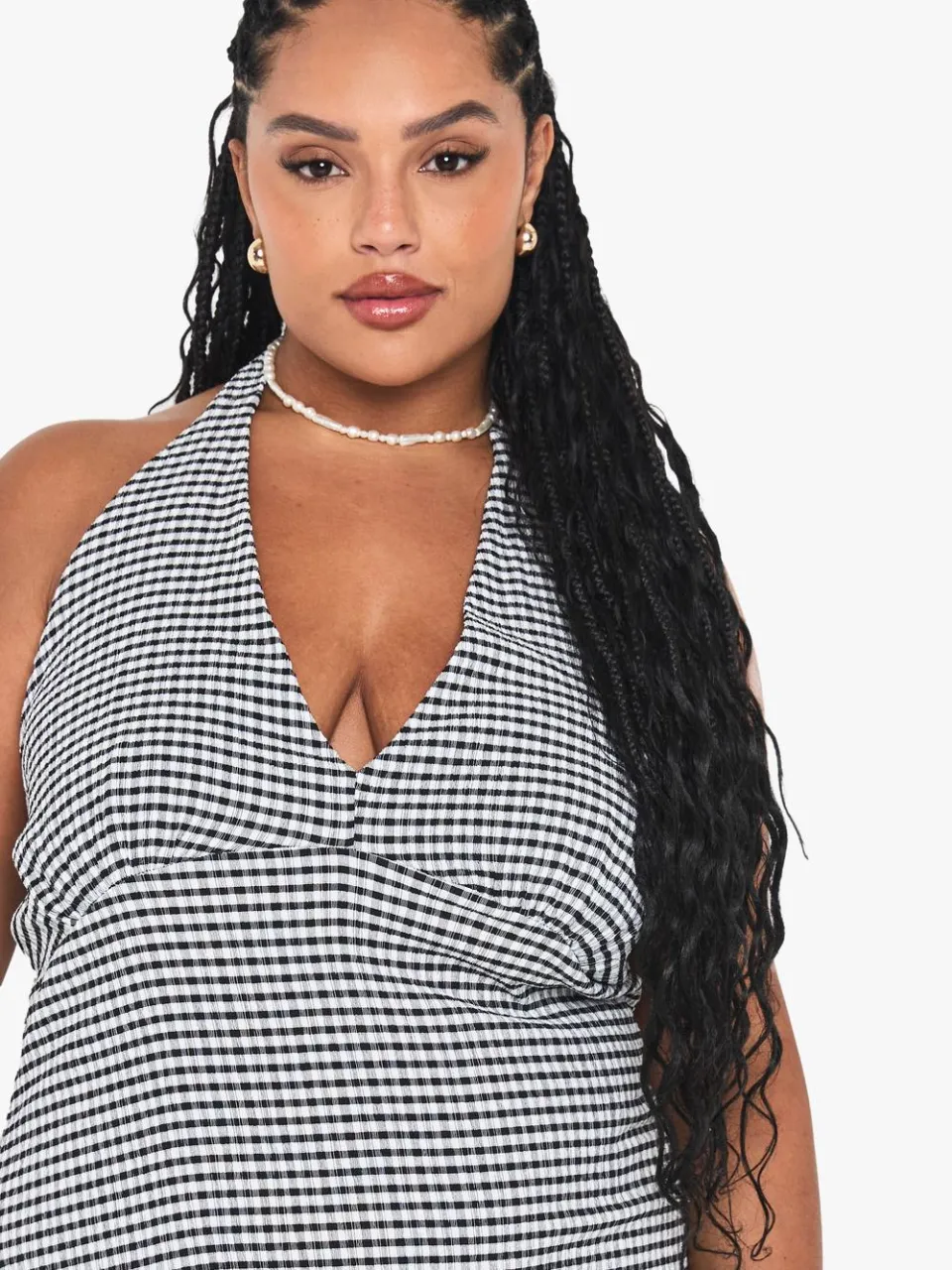 boohoo Dames Plus Halternek Gingham Midaxi Shift Jurk zwart, foto 4