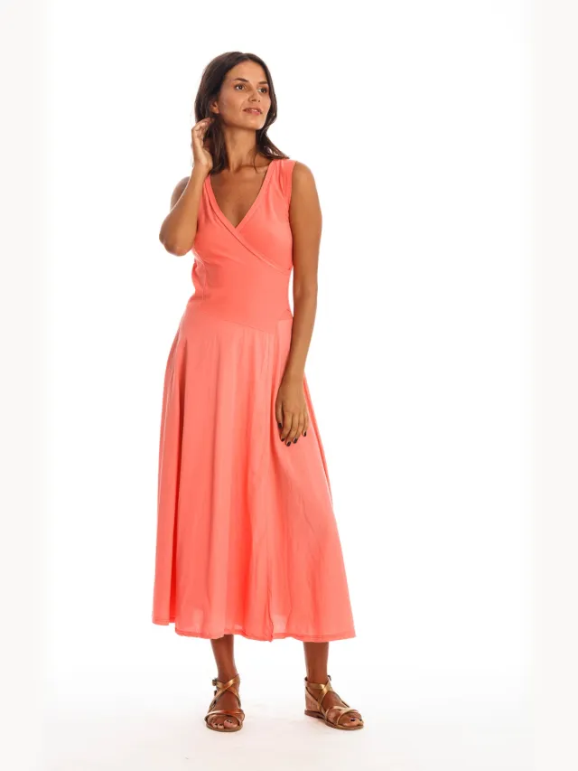 RAVENS VIEW IBIZA dames vegan Mouwloze Maxi Jurk Veronika Koraalroze Oranje