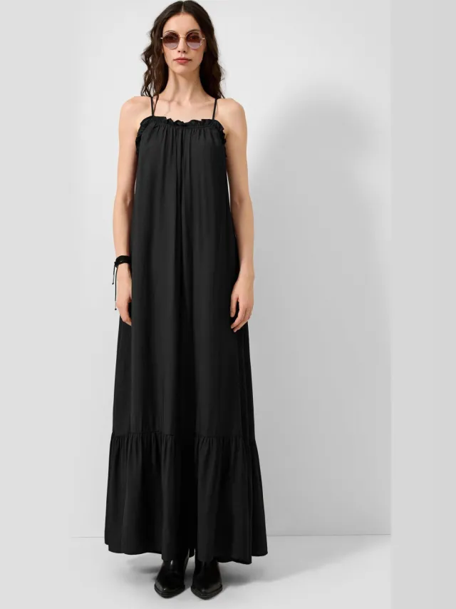 QS viscose maxi jurk met ruches - zwart