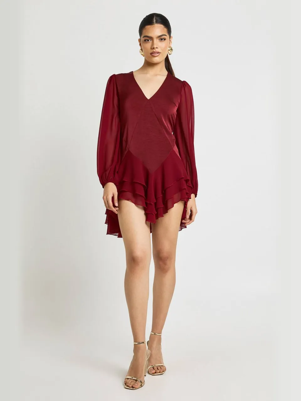 boohoo Dames Chiffon Mix Paneel Smock Jurk merlot, foto 3