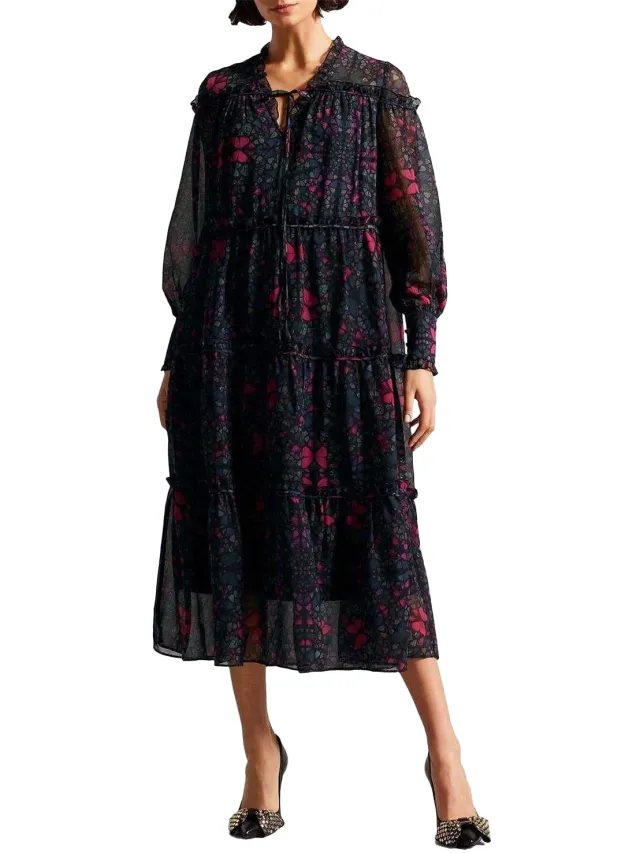 Ted Baker Midi-jurk met ruches voor dames (Zwart)