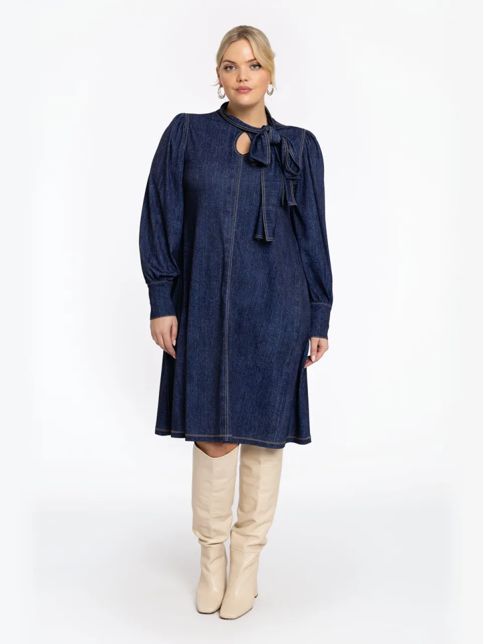 Yoek jurk met strik denim donkerblauw, foto 2