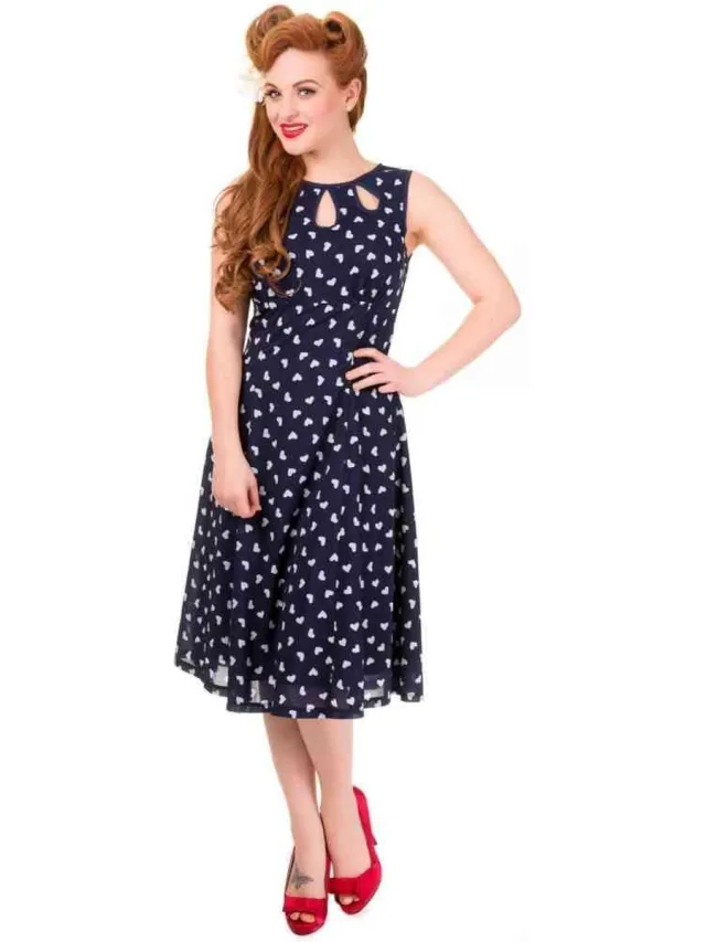 Dancing Days Songbird Flare jurk - Hartjes - L - Blauw/Wit