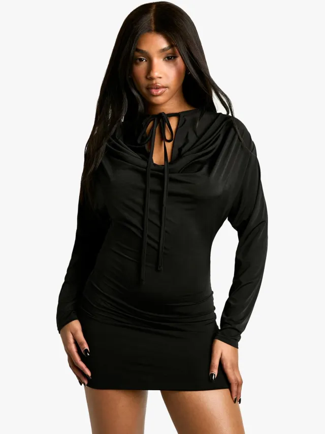 boohoo Dames Cowl Strap Detail Lange Mouw Mini Jurk Zwart