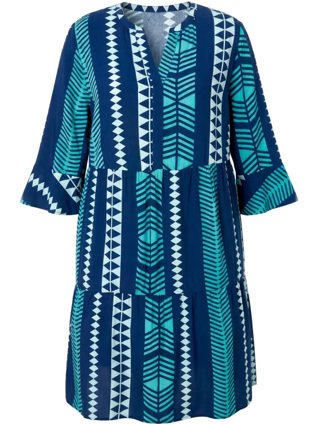 Ulla Popken Dames - Jurk grafische print tuniekhals 3/4-mouwen - Inktblauw - Maat 54+