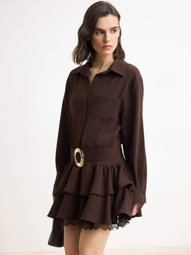 Trendyol TRENDYOLMİLLA Dames Bruin Effen Kort / Mini Lang Skater Jurken