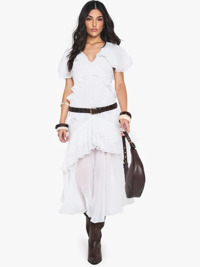 boohoo Dames Dobby Frill Detail Maxi Jurk Ivoor