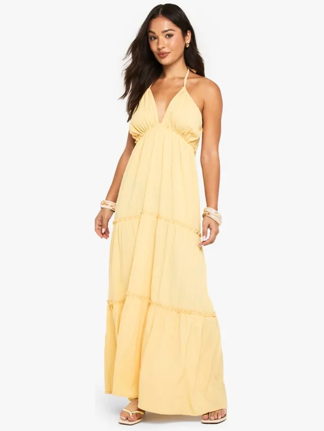 boohoo Dames Petite Getextureerde Gerimpelde Maxi-jurk met Bandjes en Lagen Citroen
