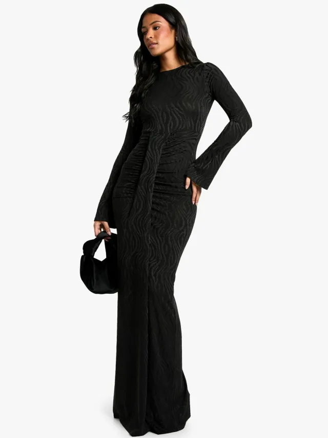 boohoo Dames Lang model maxi-jurk met dierenjacquard en drape-detail Zwart