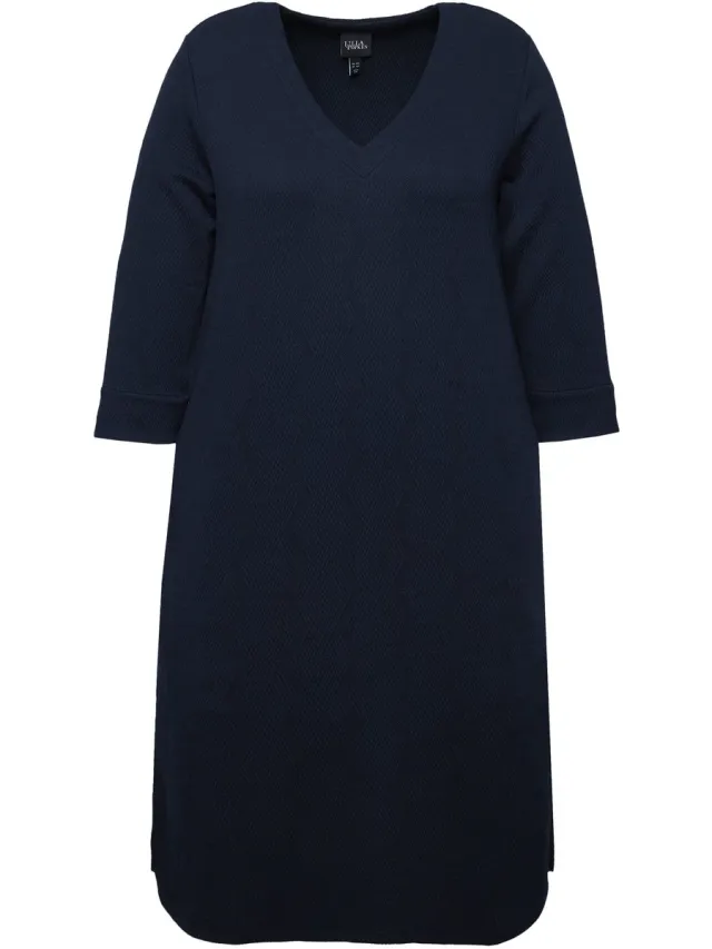 Ulla Popken Dames - Sweatjurk A-lijn V-hals 3/4-mouwen zakken - Marine - Maat 54+