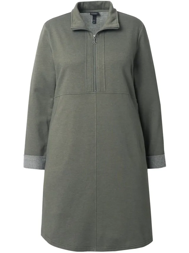 Ulla Popken Dames - Sweatjurk troyerkraag A-lijn lange mouwen zakken - Olijfgrijs - Maat 46+
