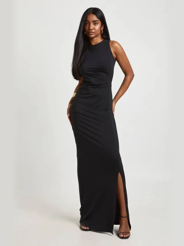 boohoo Dames Slinky Geplooide Zijkant Maxi Jurk Zwart