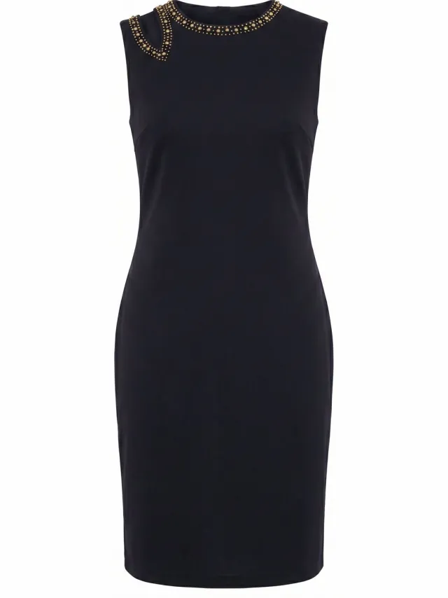 Ulla Popken Dames - Scuba jurk sierstenen slim fit ronde hals mouwloos - Zwart