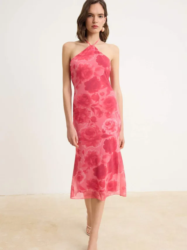 Trendyol TRENDYOLMİLLA Dames Roze Bloemen Midi Mouwloos Zeemeermin Jurken