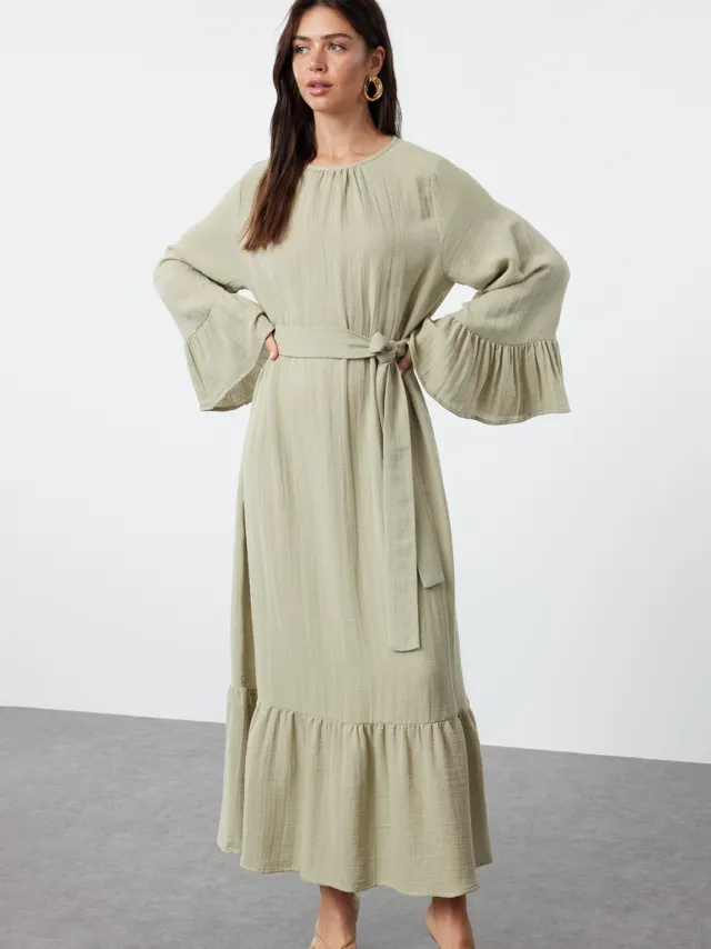 Trendyol Modest Dames Groen Effen Maxi Lang Casual Skater Modest Jurken Mint