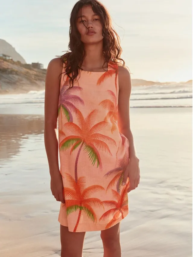 Next Dames - Linnenrijke petite mini-hemdjurk met vierkante hals - Petite - Roze Coral Pink Palm Print