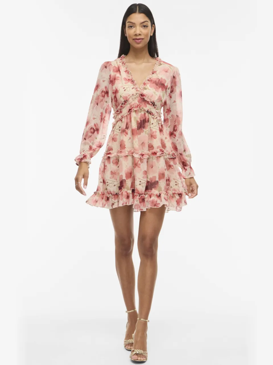 Vila mini jurk met ruches en bloemenprint Ecru/ roze