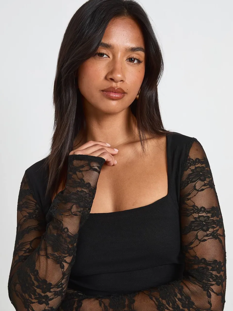boohoo Dames Petite Bodycon Jurk Met Kanten Mouwen En Vierkante Hals zwart, foto 4