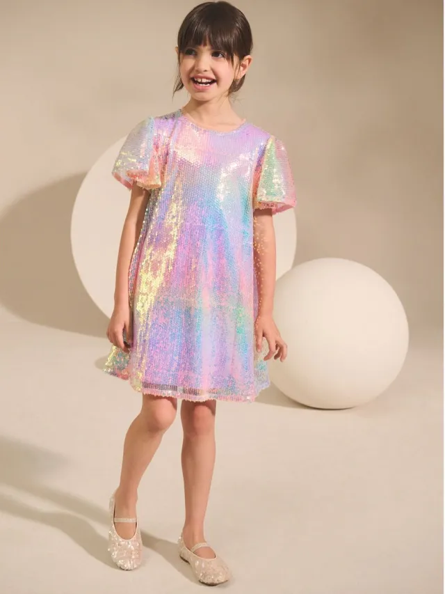 Next Meisjes - Feestjurk met lovertjes en wijde mouwen - Metallic Rainbow