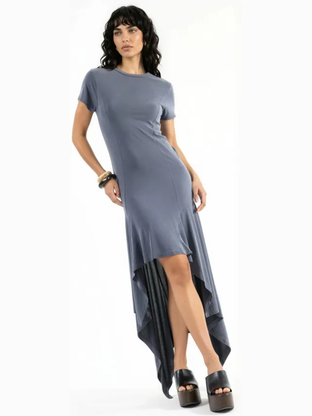 Busem Asymmetrische Midi-jurk met Ronde Hals donkergrijs, foto 2