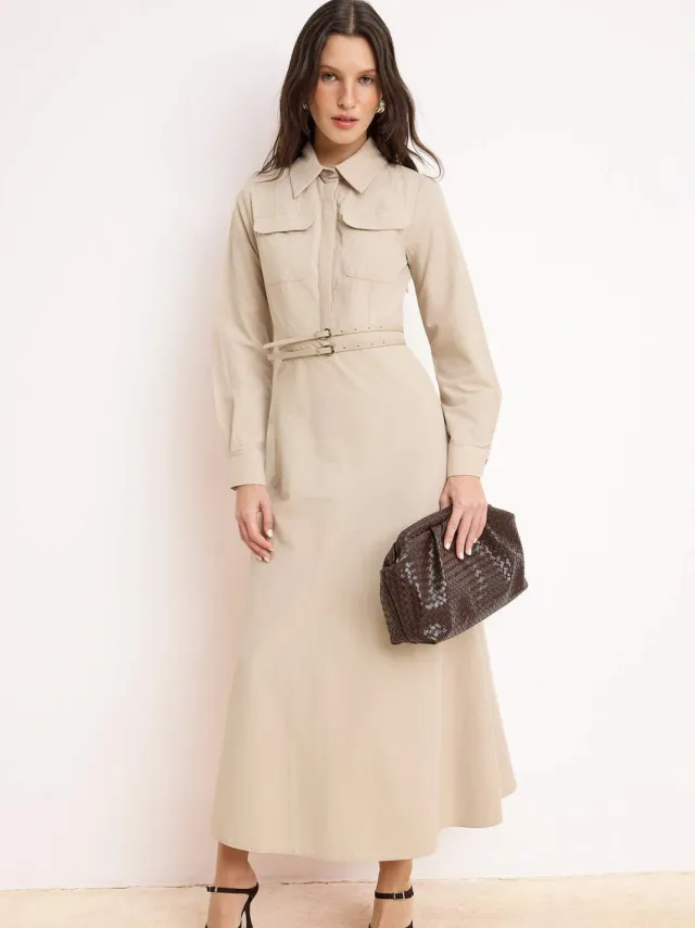 Trendyol Modest Dames Beige Effen Maxi Lang Casual Skater Modest Jurken