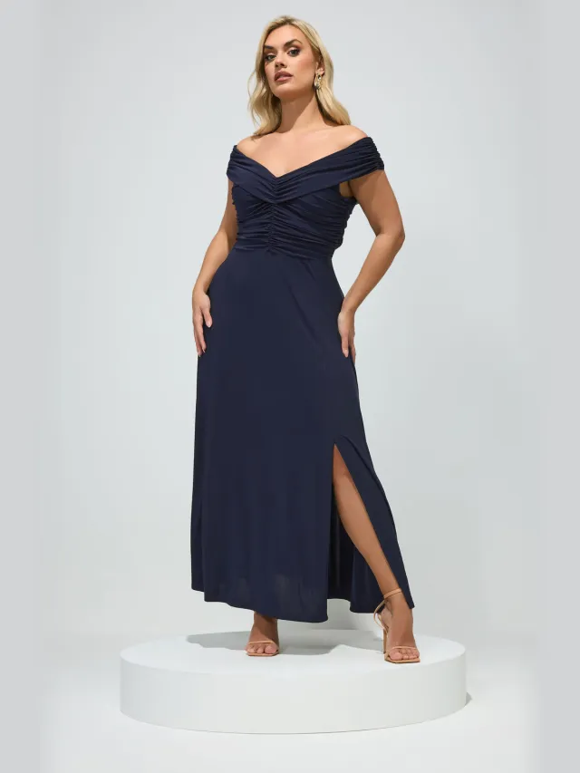 Yours London Marineblauwe Bardotmaxijurk Met Plooien-56 Blue