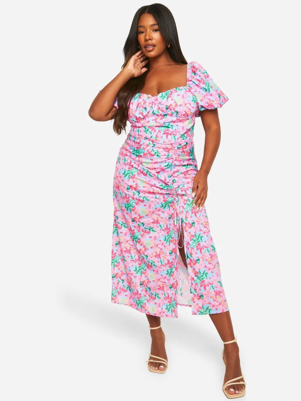 boohoo Dames Plus Geweven Ditsy Bloemen Geraffelde Midaxi-Jurk roze, foto 3